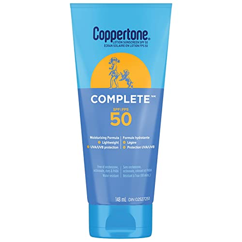 Coppertone Complete SPF 50 Sunscreen Lotion, Lightweight, Moisturizing Sunscreen, Water Resistant Body Sunscreen, 148mL