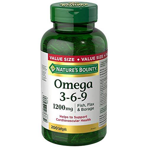 Nature's Bounty Omega 3 6 9 Fish Oil 1200mg Pills, Supplement, Helps Support Cognitive Health and Brain Function, 200 Softgels