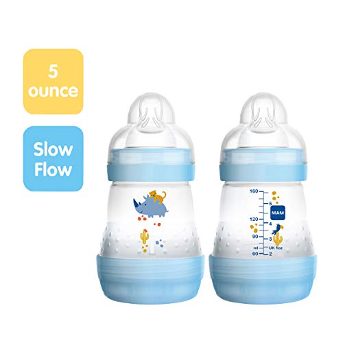 MAM Easy Start Anti-Colic Bottle 5oz (2 count), MAM Baby Bottle with Slow Flow Nipple, Breastfed Baby Feeding Essentials, Boy