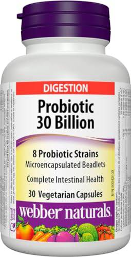 Webber Naturals Probiotic 30 Billion Active Cells, 8 Probiotic Strains, 30 Capsules, For Digestive Health, Vegetarian - Zecoya