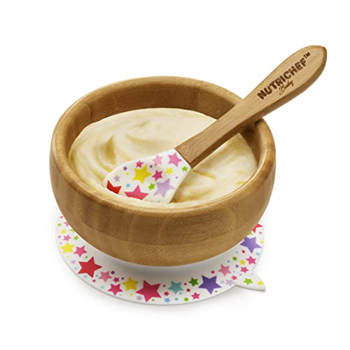 NutriChef Bamboo Baby Feeding Bowl - Wooden Infant Toddler Dish and Spoon Set w/Silicone Suction Base for Stay Put Eating, BPA-Free, Hypoallergenic, for Children Aged 4-72 Months (Stars)