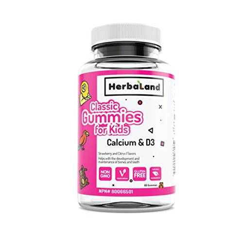 Herbaland Vegetarian Calcium and Vitamin D3 Gummies for Kids - Natural Ingredients Vitamin Supplement for the development and maintenance of bones and teeth - Strawberry and Citrus Flavor - 60 Gummies