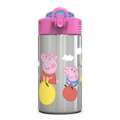 Zak Designs Peppa Pig 15.5oz Stainless Steel Kids Water Bottle with Flip-up Straw Spout - BPA Free Durable Design, Peppa Pig SS, Single Wall