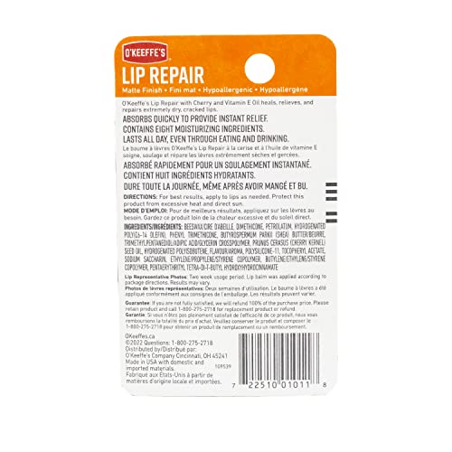 O'Keeffe's Ultra Hydrating Cherry Lip Repair Lip Balm, Relieves Extremely Dry Cracked Lips, All Day Moisture, Stick, (Pack of 1), 109542