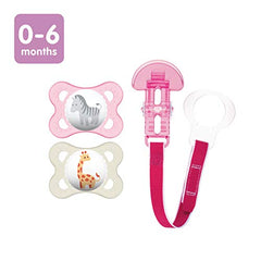 MAM Animal Design Collection Pacifier for Babies (Pack of 2 Pacifiers, 1 Clip), MAM Soother with a Soft Silicone Nipple, Baby Essentials, Girl, 0-6 Months, Designs May Vary