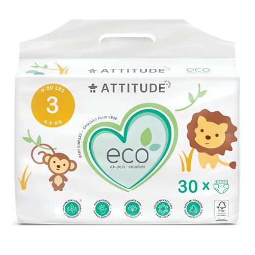 ATTITUDE Baby Diapers, Eco-friendly, Safe for Sensitive Skin, Chlorine-Free & Leak-Free, Plain White, Size 3 (9-20 lbs / 4-9 kg), 30 Count