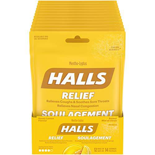 HALLS Mentho-Lyptus Honey Lemon 14 Count Bag, Pack of 12