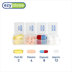 EZY DOSE Weekly (7 Day) 4 Times a Day Push Button Pill Organizer and Vitamin Planner, Removable Daily Pillboxes, Blue, Clear Lids, Large