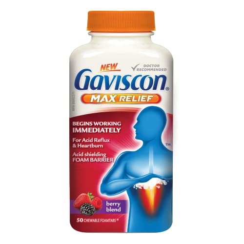 Gaviscon Max Relief Tablets - 50 Count - Chewable Foaming Antacid Tablets for Day and Night Heartburn Relief, Acid Reflux and GERD Relief, Berry Blend - Free of Aluminum, Lactose and Gluten