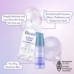 Biore Hydrate & Glow Serum, Face Serum for Dry, Sensitive Skin, infused with Prebiotics, Hyaluronic Acid and Coconut Water |Dermatologist Tested, Cruelty Free and Fragrance Free (29mL), White