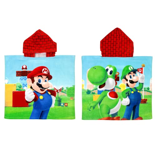 Super Mario Kids Beach/Pool/Bath/Camping Hooded Towel Poncho 24" X 22", Absorbent Cotton Cover up, (Official Nintendo Product) by Franco