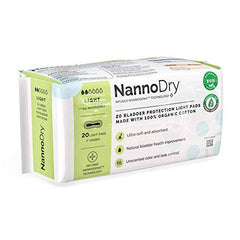 NannoDry Natural Incontinence Pads - Organic Cotton Bladder Leakage Pads - Pregnancy, Postpartum & Menopause Pads for Women and Men - 20 Light Incontinence Pads (20 Count (Pack of 1))