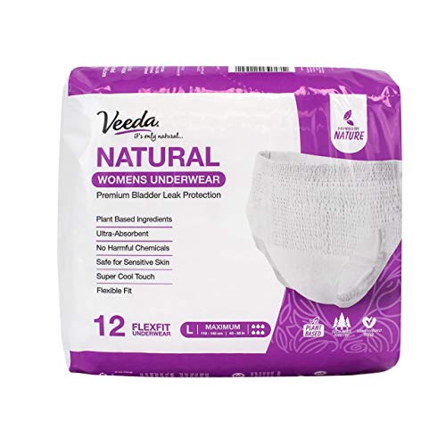 Veeda Natural Premium Incontinence Underwear for Women, Maximum Absorbency,  Large Size, 12 Count