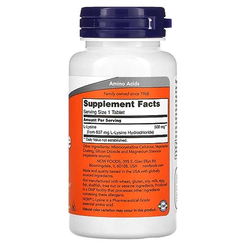 NOW Supplements L-Lysine 500mg Vegetable Capsules, 100 Count