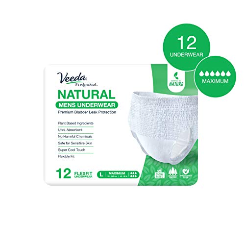 Veeda Natural Incontinence Underwear for Men, Maximum Absorbency, Large Size, 12 count