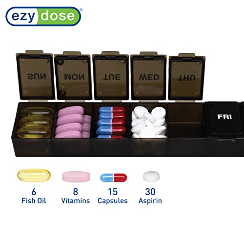 EZY DOSE Weekly (7-Day) Pill Organizer, Vitamin Planner, and Medicine Box, X-Large Compartments, Black