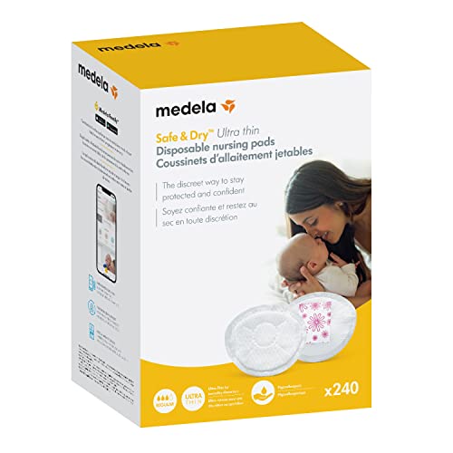 Medela Safe & Dry Ultra Thin Disposable Nursing Pads, 240 Count Breast Pads for Breastfeeding, Leakproof Design, Slender and Contoured for Optimal Fit and Discretion, White