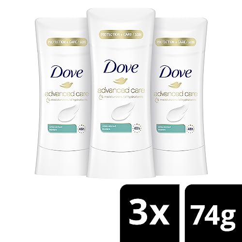 Dove Advanced Care Antiperspirant Stick Deodorant for women with 1/4 moisturizers Unscented for 48 hour protection and soft and comfortable underarms 74 g