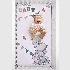 Disney Dumbo Gray, Teal, and White"Hello Baby" Nursery Photo Op Fitted Crib Sheet