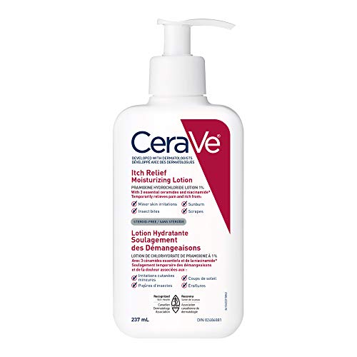 CeraVe Itchy Skin Relief Moisturizing Lotion. For Dry & Eczema-prone skin. Anti-itch cream for minor skin irritations, sunburn relief, insect bug bites & scrapes, 1% Pramoxine. Fragrance Free, 237ML