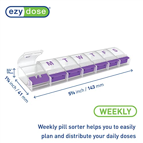 EZY DOSE Weekly (7-Day) Pill Organizer, Vitamin and Medicine Box, Large Push Button Compartments, Assorted Colors, Medium (Pack of 1)