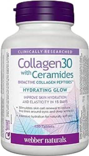 Webber Naturals Collagen30 with Ceramides, Bioactive Collagen Peptides, 120 Tablets, Hydrating Glow, Helps Improve Skin Hydration, Elasticity & Smoothness