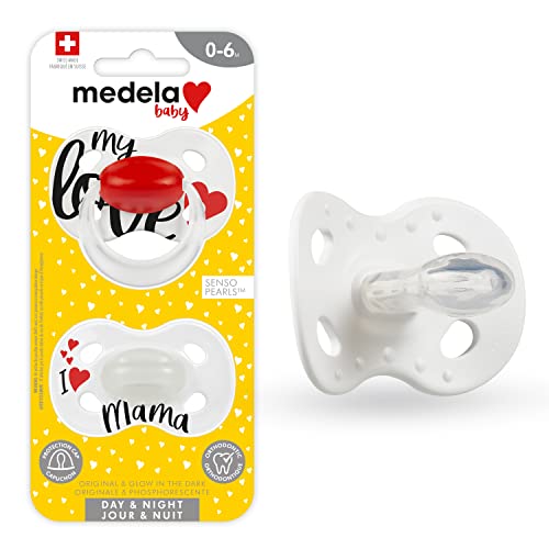 Medela Baby Pacifier | Day and Night Glow in The Dark | 0-6 Months | 2-Count, Lightweight | BPA-Free | Supports Natural Suckling | My Love and I Love Mama