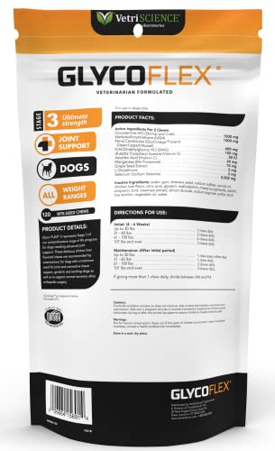 VetriScience Laboratories 015VS956912 GlycoFlex 3 Hip and Joint Support for Dogs, 120 Bite Sized Chews, 30.69