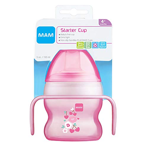 MAM Starter Cup (1 Count), MAM Sippy Cup, Drinking Cup With Extra-Soft Spill-Free Spout and Non-Slip Handles, For Girls 4+ Months, Five Ounces, Pink