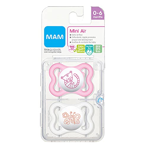 MAM Mini Air Pacifiers for Babies with Sensitive Skin (2 pack, 1 Sterilizing Pacifier Case), MAM Soother with Silicone Nipple, 0-6 Months, Baby Girl