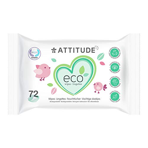 ATTITUDE Disposable Baby Wipes, EWG Verified, Plant and Mineral-Based Ingredients, Vegan and Cruelty-free Personal Care Products, Unscented, 72 Wipes Dispenser