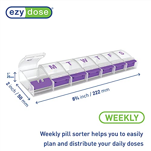 EZY DOSE Weekly (7-day) Push Button Pill Organizer and Planner, Arthritis Friendly, X-Large, Clear Lids, Purple