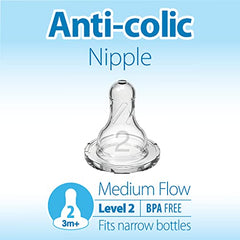 Dr. Brown's Natural Flow Level 2 Narrow Baby Bottle Silicone Nipple, Medium Flow, 3m+, 100% Silicone Bottle Nipple, 6 Pack