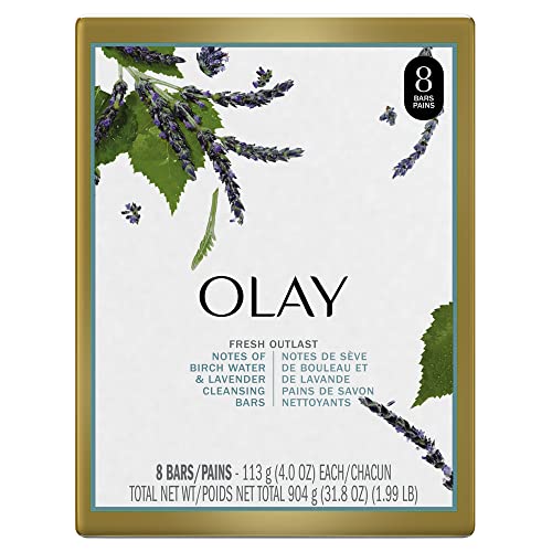 Olay Fresh Outlast Notes Of Purifying Birch Water & Lavender Beauty Bar, 113 g, 8 count, Blue and White