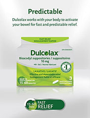 Dulcolax 10 MG Suppositories 3 CT - Bisacodyl Active Ingredient - Effective Relief of Occasional Constipation - Relief Within 15-60 Minutes - Suitable for Children 12 Years & Older, Adults and Breastfeeding Women