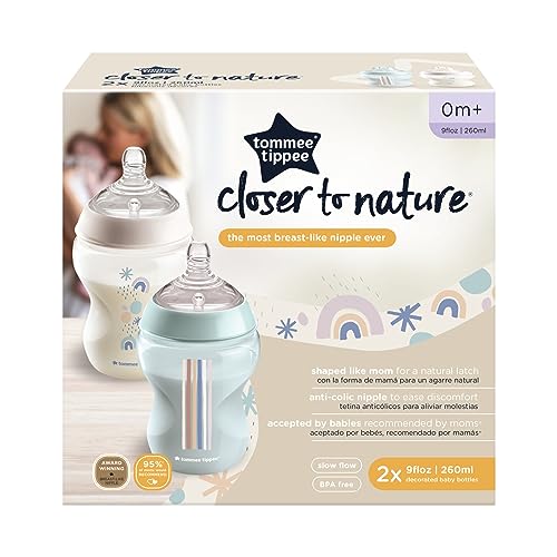 Tommee Tippee Closer to Nature Baby Bottles, Breast-Like Nipples with Anti-Colic Valve (9 Ounces, 2 Count)