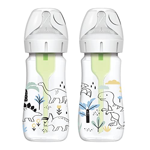 Dr. Brown's Natural Flow Anti-Colic Options+ Wide-Neck Baby Bottle Designer Edition Bottles, Dino Decos, 9oz/270mL, Level 1 Nipple, 2-Pack, 0m+