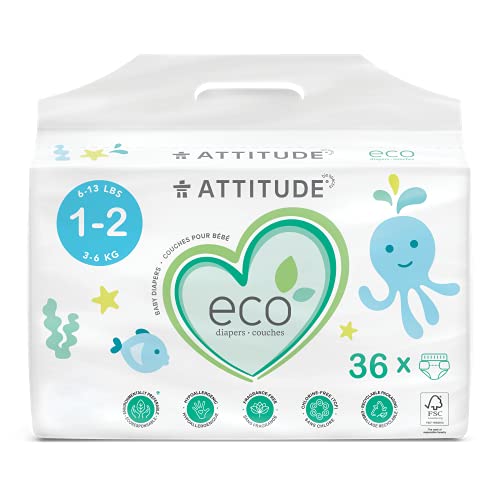 ATTITUDE Baby Diapers, Eco-friendly, Safe for Sensitive Skin, Chlorine-Free & Leak-Free, Plain White, Size 1-2 (6-13 lbs / 3-6 kg), 36 Count