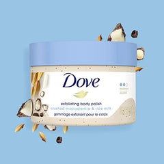 Dove Exfoliating Body Polish moderate exfoliant Macadamia & Rice Milk gentle to skin microbiome 298 g