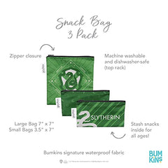Bumkins Reusable Sandwich and Snack Bags, for Kids School Lunch and for Adults Portion, Washable Fabric, Waterproof Cloth Zip Bag, Travel Pouch, Food-Safe Storage, 3-pk Harry Potter Slytherin