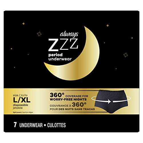 Always, ZZZs Overnight Disposable Period Underwear For Women, Large/X-Large, Black, Light Scent, Disposable, 7 Count