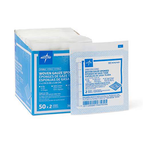 Medline NON21420H Gauze, Sponge, 2" x 2", 8Ply, Sterile, Lf, 2S (Pack of 100)