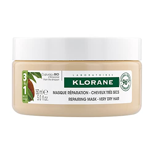 Klorane - 3-in-1 Mask with Organic Cupuacu Butter Nourishing & Repairing for Very Dry Damaged Brittle Hair, Classic Mask, Overnight Leave-in Cream, SLS/SLES-Free, Biodegradable 150ml, Beige