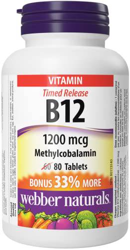 Webber Naturals Vitamin B12 1200 mcg, Timed Release, 80 Tablets, Supports Energy Production and Metabolism, Vegan