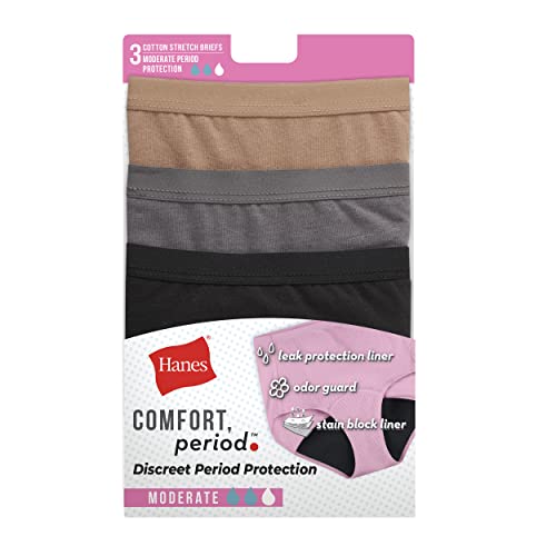 Hanes womens Fresh & Dry Light and Moderate Period 3-Pack Underwear,  Multiple Options Available Briefs, 3 Pack - Assorted Moderate Protection,  10 US, 3 Pack - Assorted - Moderate Protection, 1 Count (