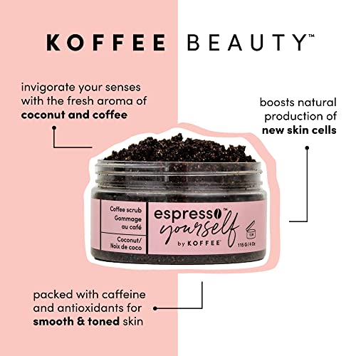 Koffee Beauty Coconut Coffee Scrub - Exfoliating Body And Face Scrub - Polish And Smooth Skin with Ease - Invigorate Senses with Coconut Fragrance Formula - Natural Treatment for Cellulite - 115 g