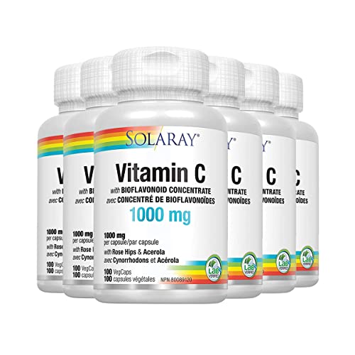 Solaray Vitamin C with Rose Hips, Acerola & Bioflavonoids | 1000mg | Supports Immune Function & Healthier Skin, Hair, Nails | Non-GMO | Vegan | 100 Ct (Pack of 6)