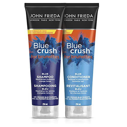 John Frieda Blue Crush for brunettes, Blue Shampoo & Conditioner Set, for Brassy Hair |Phthalate Free, Ammonia Free (Pack of 2)