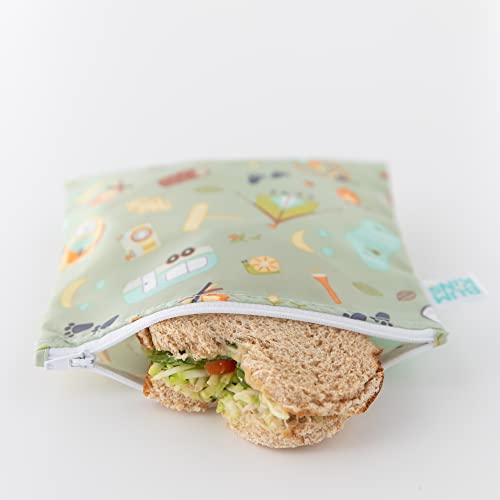 Bumkins Reusable Sandwich and Snack Bags, for Kids School Lunch and for Adults Portion, Washable Fabric, Waterproof Cloth Zip Bag, Travel Pouch, Food-Safe Storage, Large 2-pk Green Camp Friends