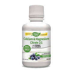 Nature's Way Calcium and Magnesium Citrate 2:1 - Liquid Supplement with Vitamin D3 and Collagen – Helps Support the Maintenance of Bones and Teeth – No Vitamin K2 - Blueberry Flavour, 500 mL